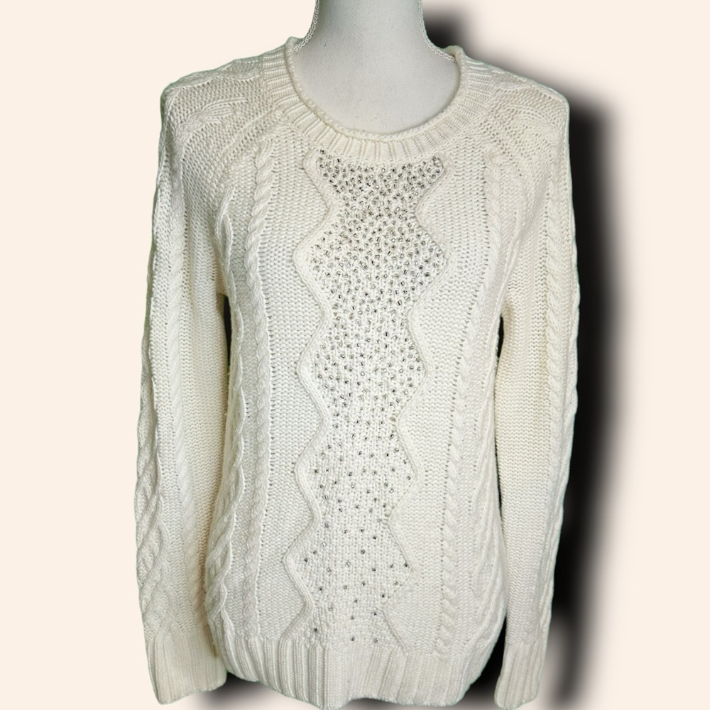 J. Crew Factory ‘Merino Wool Blend Silver Bead Embellished Cable Knit Sweater’ S - Picture 3 of 14